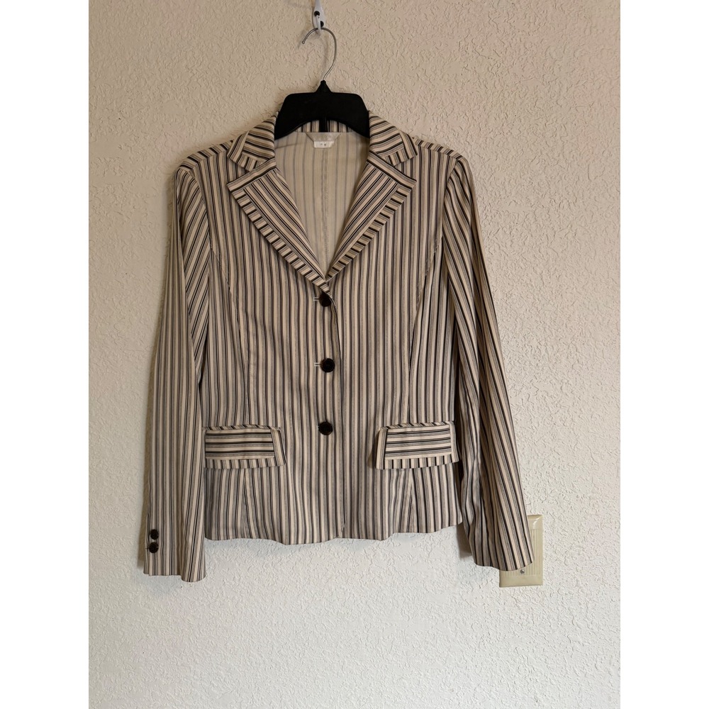 WHO'S Striped Tailored Blazer Cream Brown Cotton Blend Made in Korea W43-JK514